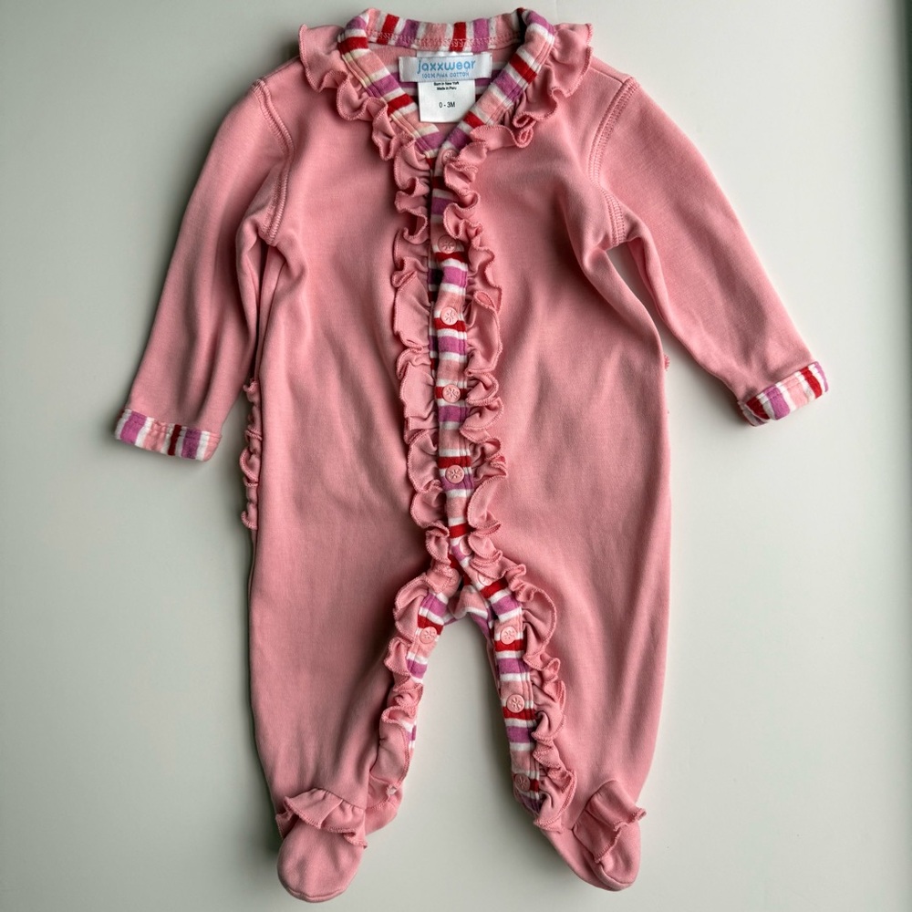 Jaxxwear 0–3M Pink Ruffle Footie Pima Cotton Striped Trim
